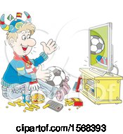 Clipart Of A Sports Fan Sitting On The Floor With Food And A Ball Watching Soccer On Tv Royalty Free Vector Illustration by Alex Bannykh