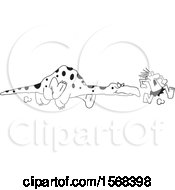 Clipart Of A Cartoon Black And White Caveman Running From A Dinosaur Royalty Free Vector Illustration