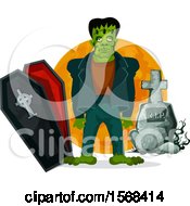 Clipart Of A Halloween Frankenstein Tombstone Coffin And Full Moon Royalty Free Vector Illustration