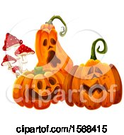 Poster, Art Print Of Halloween Jackolantern Pumpkins And Mushrooms