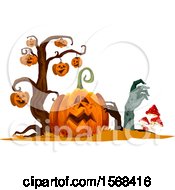 Clipart Of A Halloween Jackolantern Pumpkin Tree And Rising Zombies Royalty Free Vector Illustration