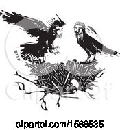 Nest And Black And White Crows With Heads Of Men