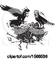 Nest With Dollar Symbols And Black And White Crows With Heads Of Men