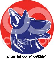 Poster, Art Print Of Profiled Woodcut Blue And White German Shepherd Dog In A Red Circle