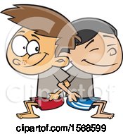 Clipart Of Cartoon Boys Counter Balancing And Squatting In Gym Class Royalty Free Vector Illustration