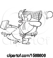 Clipart Of A Cartoon Lineart Entrepeneur Business Man Chasing An Idea Royalty Free Vector Illustration