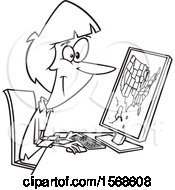 Clipart Of A Cartoon Lineart Female Cartographer Creating A Map On A Computer Royalty Free Vector Illustration