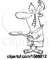 Clipart Of A Cartoon Lineart Happy Man Holding Out A Plate For A Burger Royalty Free Vector Illustration