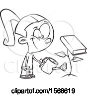 Clipart Of A Cartoon Lineart Girl Watering A Book Plant Royalty Free Vector Illustration by toonaday