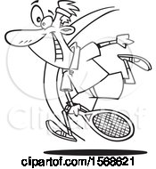 Clipart Of A Cartoon Lineart Energetic Man Playing Tennis Royalty Free Vector Illustration