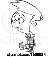 Clipart Of A Cartoon Lineart Sad Boy With A Broken Leg Using Crutches Royalty Free Vector Illustration
