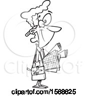Clipart Of A Cartoon Lineart Black Female Statistician Carrying Graphs Royalty Free Vector Illustration