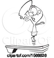 Cartoon Black And White Boy Bouncing On A Diving Board