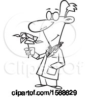 Clipart Of A Cartoon Lineart Male Biologist Holding A Plant Royalty Free Vector Illustration