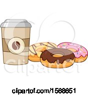 Clipart Of A Cartoon Take Out Coffee Cup And Donuts Royalty Free Vector Illustration by Hit Toon