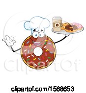 Clipart Of A Cartoon Chocolate Glazed And Sprinkle Donut Mascot Holding A Tray Of Donuts And Coffee Royalty Free Vector Illustration