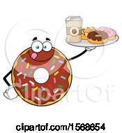 Poster, Art Print Of Cartoon Chocolate Glazed And Sprinkle Donut Mascot Holding A Tray Of Donuts And Coffee