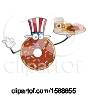 Poster, Art Print Of Cartoon American Chocolate Glazed And Sprinkle Donut Mascot Holding A Tray Of Donuts And Coffee
