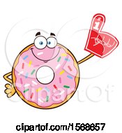 Clipart Of A Cartoon Pink Glazed And Sprinkle Donut Mascot Wearing A Foam Finger Royalty Free Vector Illustration