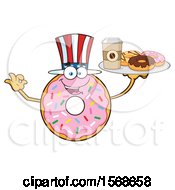 Poster, Art Print Of Cartoon American Pink Glazed And Sprinkle Donut Mascot Holding A Tray Of Donuts And Coffee