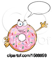 Poster, Art Print Of Cartoon Pink Glazed And Sprinkle Donut Mascot Talking And Waving