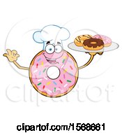 Poster, Art Print Of Cartoon Pink Glazed And Sprinkle Donut Mascot Chef Holding A Tray Of Donuts