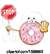 Poster, Art Print Of Cartoon Pink Glazed And Sprinkle Donut Mascot Holding A Stop Sign
