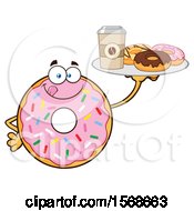 Poster, Art Print Of Cartoon Pink Glazed And Sprinkle Donut Mascot Holding A Tray Of Donuts And Coffee