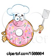Poster, Art Print Of Cartoon Pink Glazed And Sprinkle Donut Mascot Chef Holding A Spatula