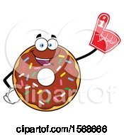 Poster, Art Print Of Cartoon Chocolate Glazed And Sprinkle Donut Mascot Wearing A Foam Finger