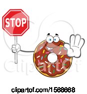 Poster, Art Print Of Cartoon Chocolate Glazed And Sprinkle Donut Mascot Holding A Stop Sign