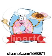 Clipart Of A Cartoon Logo Of A Pink Glazed And Sprinkle Donut Mascot Holding A Tray Of Donuts Royalty Free Vector Illustration