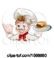 Poster, Art Print Of Cartoon Happy White Male Chef Gesturing Ok And Holding A Cheeseburger On A Tray