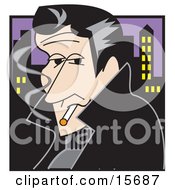 Handsom Rebellious Man Smoking A Cigarette At Night Near A City Clipart Illustration