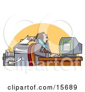 Busy Male Realtor On The Telephone Using A Computer And Putting Paper In A Fax Machine All At The Same Time