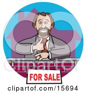 Male Real Estate Agent Giving The Thumbs Up And Standing By A For Sale Sign On A Home Clipart Illustration