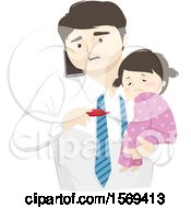 Poster, Art Print Of Dad Holding His Sick Daughter And Taking Her Temperature While Calling The Doctor