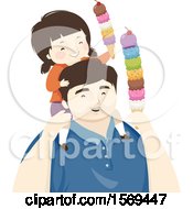 Dad Carrying His Daughter On His Shoulders And Eating Ice Cream