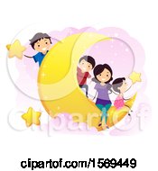 Poster, Art Print Of Happy Family On A Crescent Moon With Stars