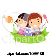 Poster, Art Print Of Children And An Owl Over A Banner With A Watering Can And Gardening Shovel