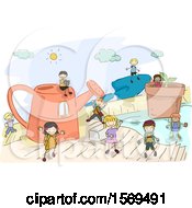 Poster, Art Print Of Sketched Group Of Children With Giant Gardening Tools