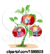 Giant Tomato Plant With Children And Garden Tools In The Fruits