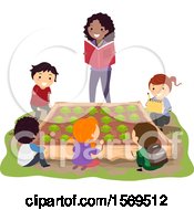 Clipart Of A Teacher And Group Of Children Around A Cabbage Garden Bed Royalty Free Vector Illustration