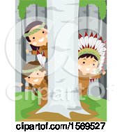 Group Of Native American Children Hiding Behind A Birch Tree