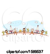 Clipart Of A Sketched Group Of Native American Children Welcoming Royalty Free Vector Illustration