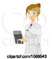 Clipart Of A Teen Girl Holding A Tablet In A Laboratory Royalty Free Vector Illustration