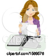 Poster, Art Print Of Clipart Of A  Teen Girl Student Organizing Her Notes Royalty Free Vector Illustration