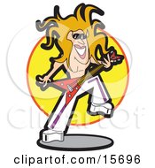 Shirtless Blond Male Rocker With Blond Hair Playing A Guitar And Dancing On Stage During A Music Concert Clipart Illustration by Andy Nortnik