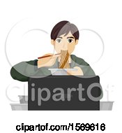 Poster, Art Print Of Teen Guy Eating Noodles In Front Of A Computer