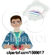 Clipart Of A Teen Guy Playing Video Games And Thinking Of The Books He Need To Study Royalty Free Vector Illustration by BNP Design Studio